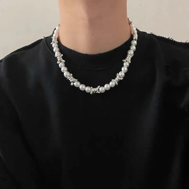 Punk Imitation Pearl Thorns Chain Necklace