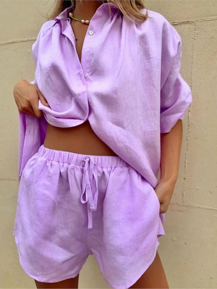 Short Sleeve Loose Shirt Wide Leg Shorts Set