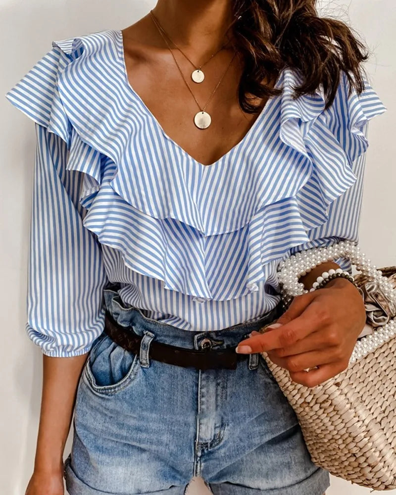 Blue Striped Ruffles Half Sleeve V-Neck Shirts