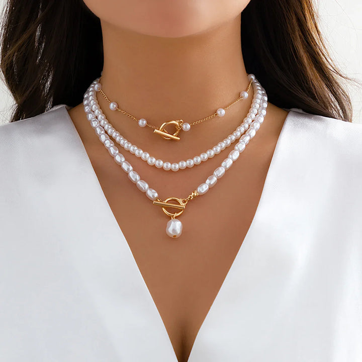 Multilayer Imitation Pearl OT Buckle Pendant Necklace