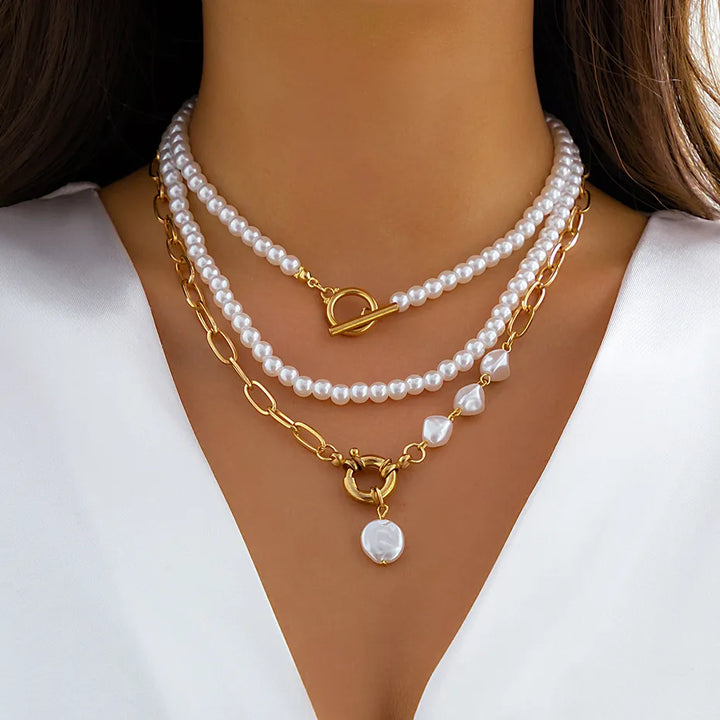 Multilayer Imitation Pearl OT Buckle Pendant Necklace