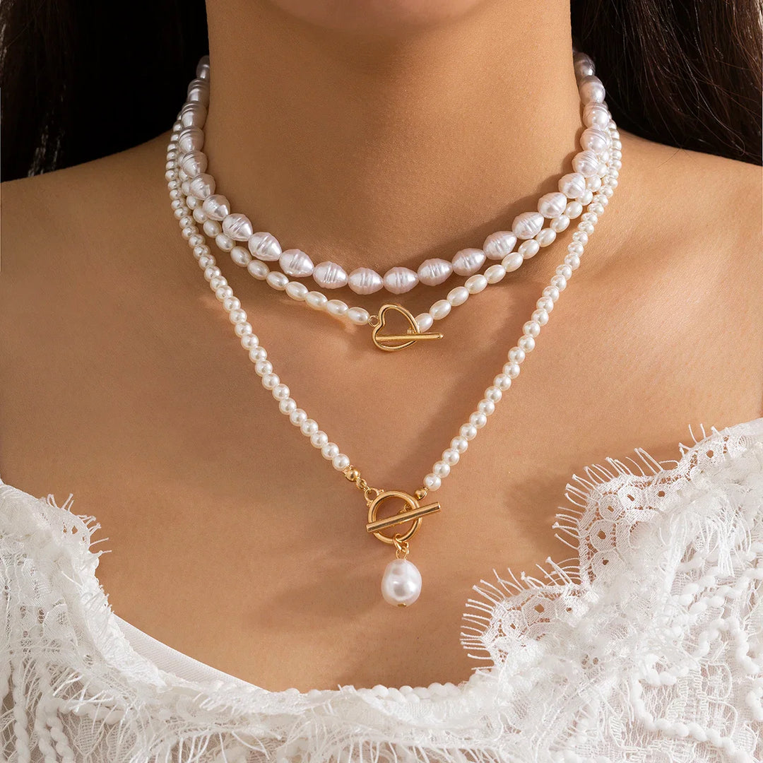 Multilayer Imitation Pearl OT Buckle Pendant Necklace