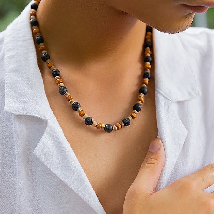 Stone and Wood Beaded Short Choker Necklace