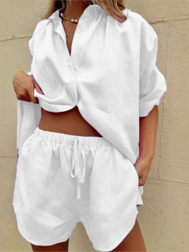 Short Sleeve Loose Shirt Wide Leg Shorts Set