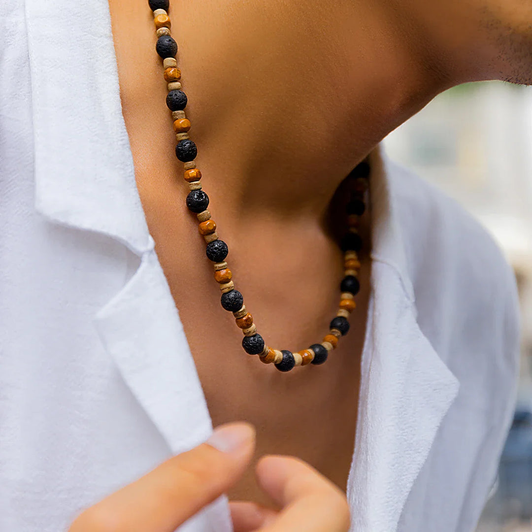 Stone and Wood Beaded Short Choker Necklace