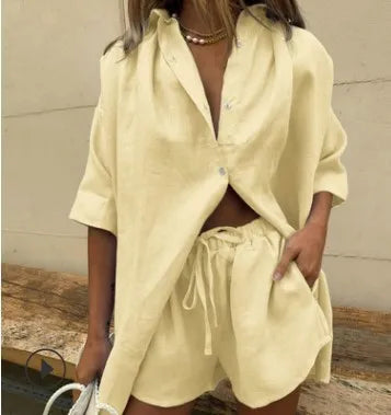 Short Sleeve Loose Shirt Wide Leg Shorts Set