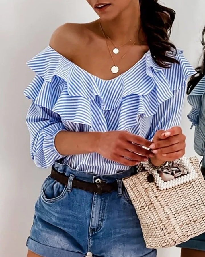 Blue Striped Ruffles Half Sleeve V-Neck Shirts