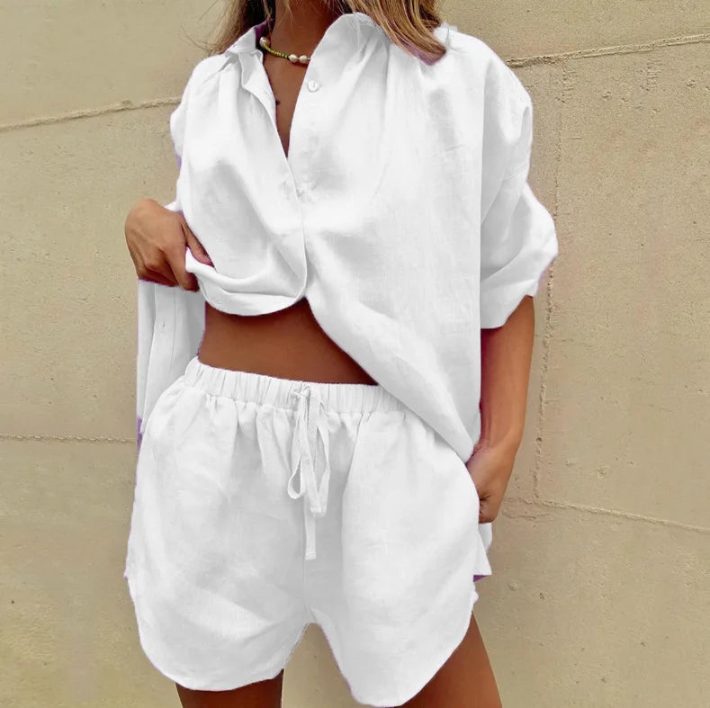 Short Sleeve Loose Shirt Wide Leg Shorts Set