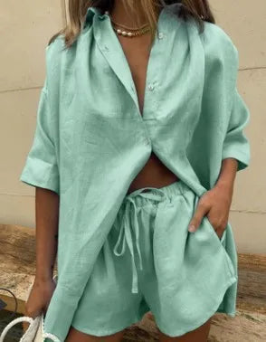 Short Sleeve Loose Shirt Wide Leg Shorts Set